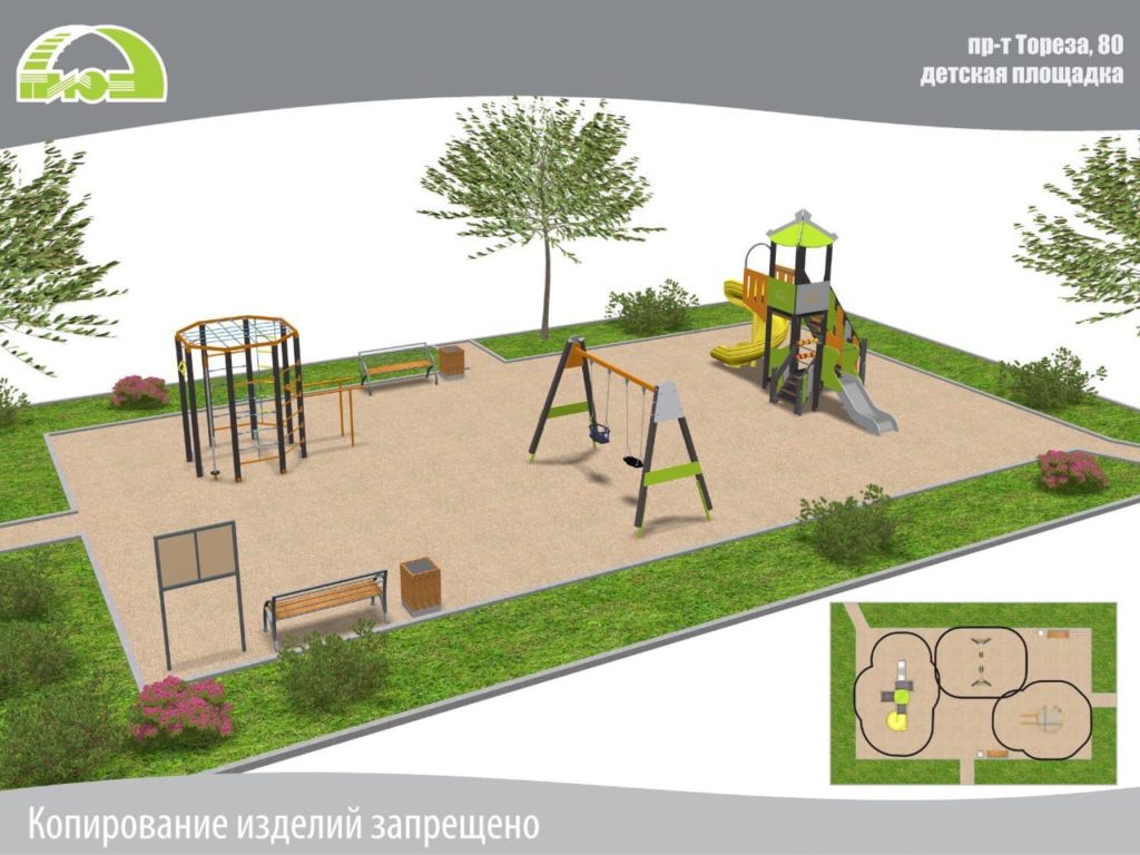 Проект детской площадки (качели, песочница, лавочки, интерактивные зоны для детей. По краям зелень (трава и деревья). 