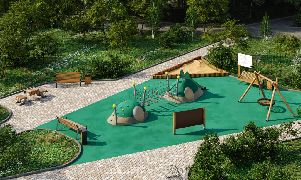 Проект детской площадки (качели, песочница, скамейки, урны)